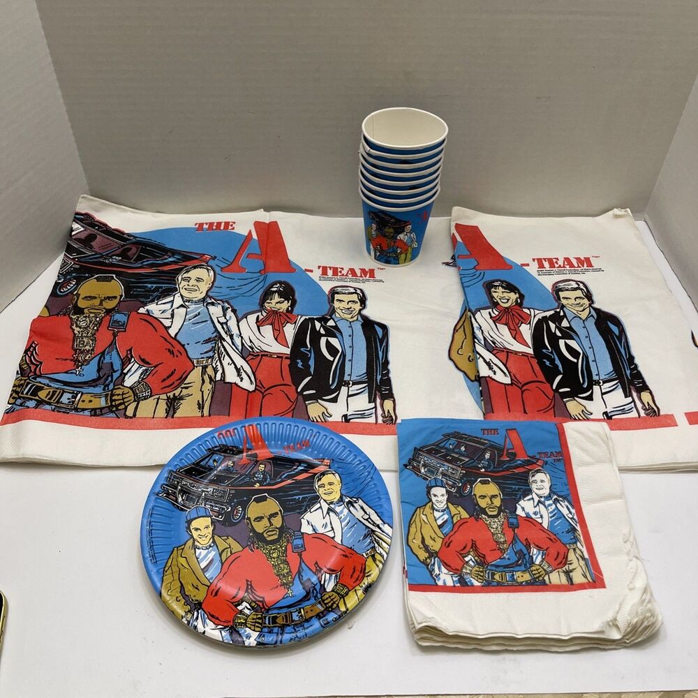 Vtg 1983 The A-TEAM, 8 Piece Party Supply Table Cloth Cups Plates Napkins Mr T